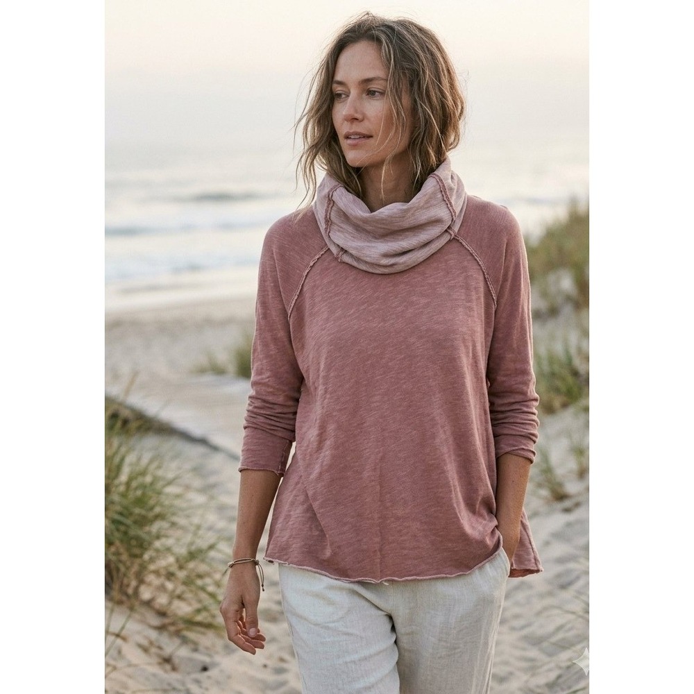 Free People FP Beach Cocoon Cowl Neck Pullover Women OS Pink Slub Knit Slouchy